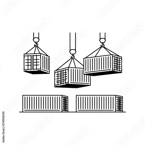 Line Art Illustration of Shipping Containers Being Lifted and Stored cargo logistics