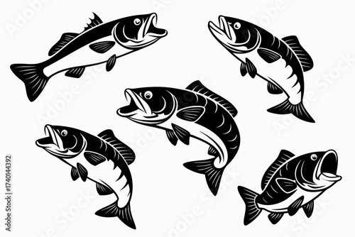 Minimalist bass fish icon set in black and yellow