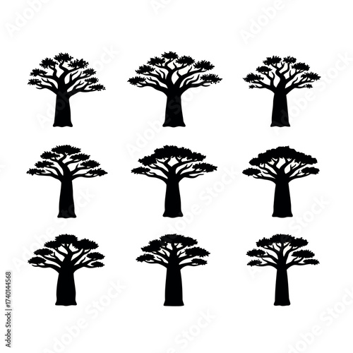 Nine Black Silhouettes of Baobab Trees with Distinct Branching Patterns on White Background africa savanna