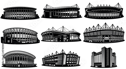 Nine Black Silhouettes of Sports Stadiums on a White Background arena architecture