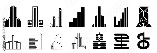 Set of abstract black and white stylized building and architectural icon designs architecture skyscraper