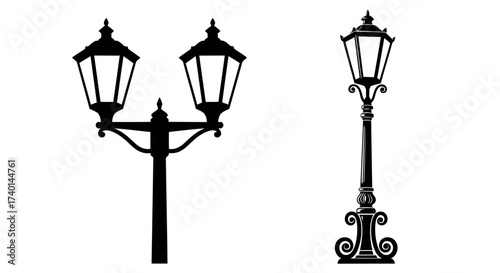 Silhouette of a Double Lamp Post and a Single Lamp Post on White Background street light lamppost