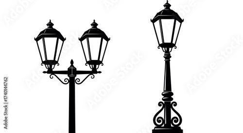 Silhouette of a Double Lamp Post and a Single Lamp Post on White Background street light lamppost