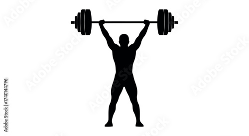 Silhouette of a male weightlifter lifting a barbell overhead with weights on a white background Keywords: weightlifter, man, male, silhouette, barbell, weights, lifting, strength, power, fitness