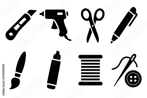 Crafting tools icon set. Vector black symbols of scissors, glue, pen, brush, and sewing glyph illustrations