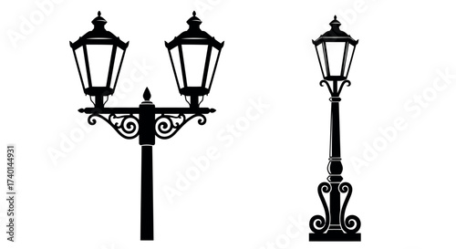 Silhouettes of a Double and Single Ornate Lamppost street lamp lighting