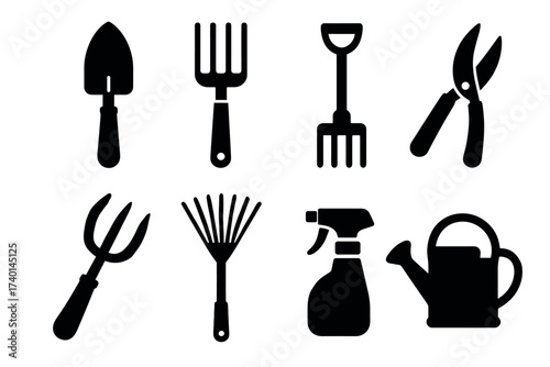 Gardening tools icon set. Vector black symbols of shovel, rake, watering can, and plant care glyph illustrations