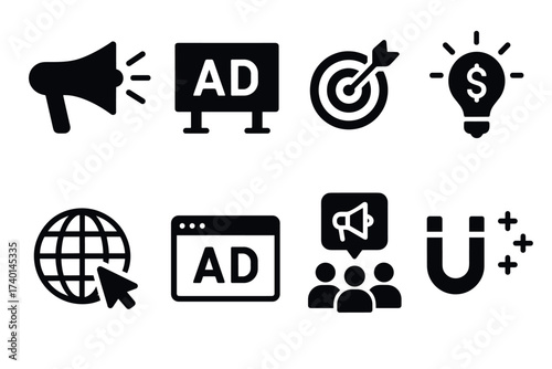 Marketing and advertising icon set. Vector black symbols of promotion, billboard, and campaign glyph illustrations