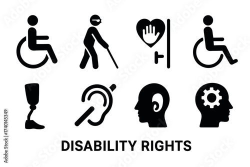 Disability rights icon set. Vector black symbols of accessibility, support, and inclusion glyph illustrations