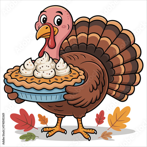 Happy cartoon turkey holding delicious pie thanksgiving celebration autumn leaves festive