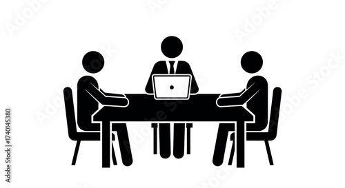 Three Stick Figures in a Business Meeting Around a Table with a Laptop discussion negotiation