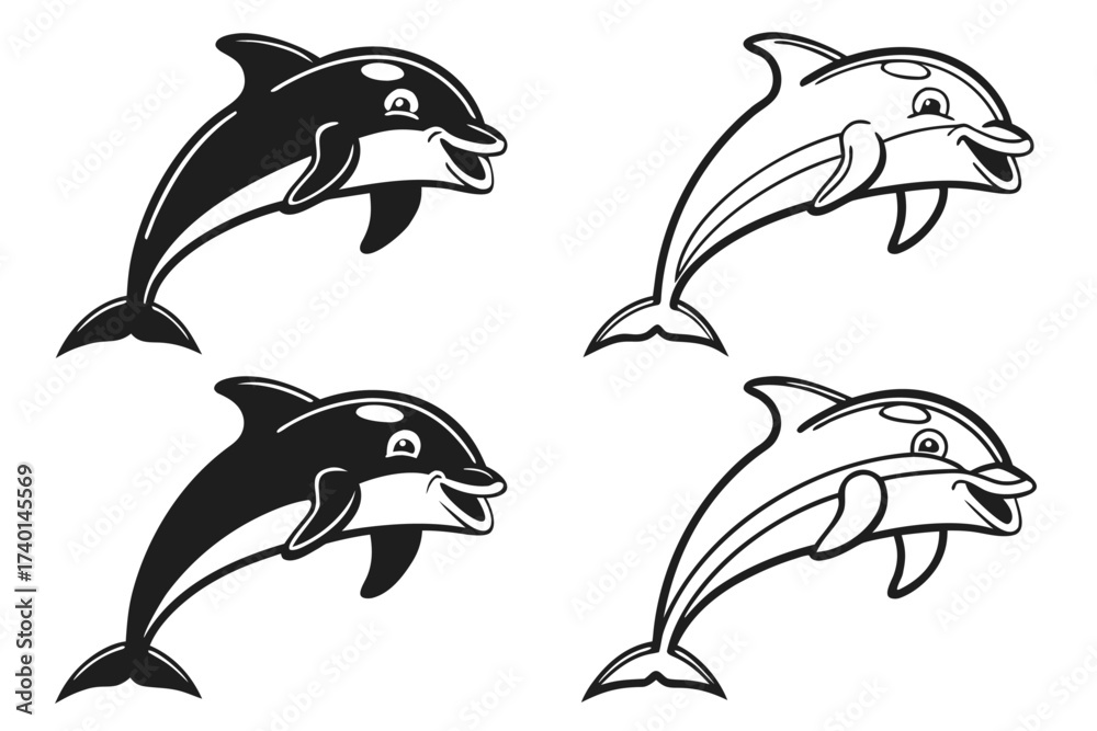 Naklejka premium Minimalist smiling dolphin icon set