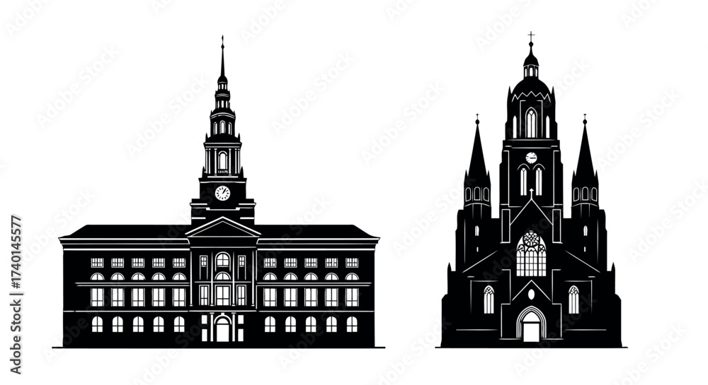Fototapeta premium Two Black Silhouettes of Buildings with a Clock and Cross on a White Background architecture church