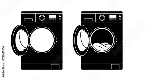 Two black and white icons of washing machines, one empty and one with clothes laundry appliance