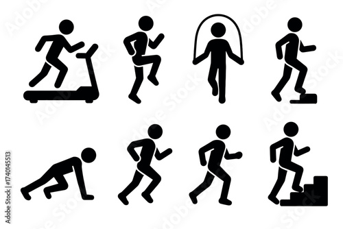 Fitness training icon set. Vector black symbols of running, exercise, and workout glyph illustrations