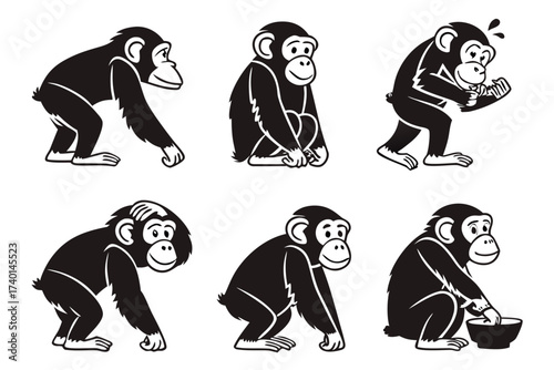 Minimalist cartoon chimpanzee icon set in black and yellow
