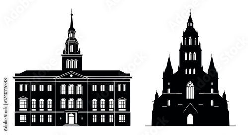 Two Black Silhouettes of Buildings on a White Background architecture church