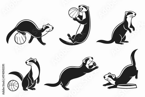 Minimalist cartoon ferret playing icon set