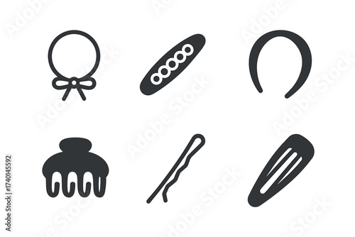 Hair accessories icon set. Vector black symbols of headband, clip, and pins glyph illustrations