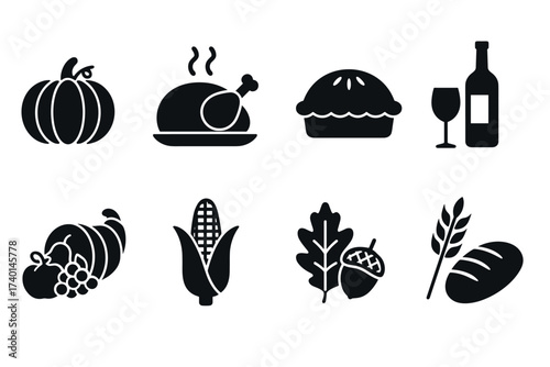 Fall harvest icon set. Vector black symbols of pumpkin, corn, pie, and seasonal food