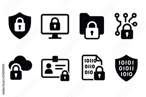 Cyber security icon set. Vector black symbols of digital lock, firewall, and privacy protection