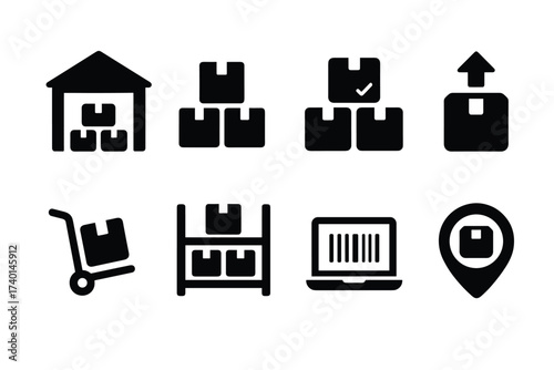 Inventory icon set. Vector black symbols of storage, warehouse, boxes, and shipping