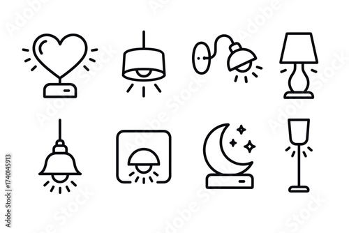 Lighting icon set. Vector black symbols of light bulbs, lamps, and lighting fixtures