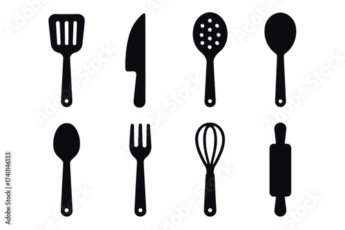 Kitchen Utensils Icon Set. Vector black cooking symbols of knife, fork, spoon, whisk, spatula, rolling pin, and kitchen tools illustrations