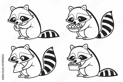 Minimalist cartoon raccoon eating icon set