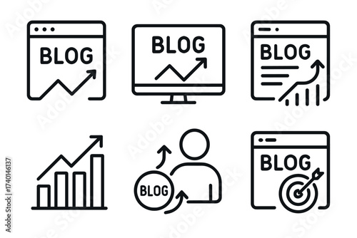Blog and website growth icon set. Vector black symbols of blog analytics and progress