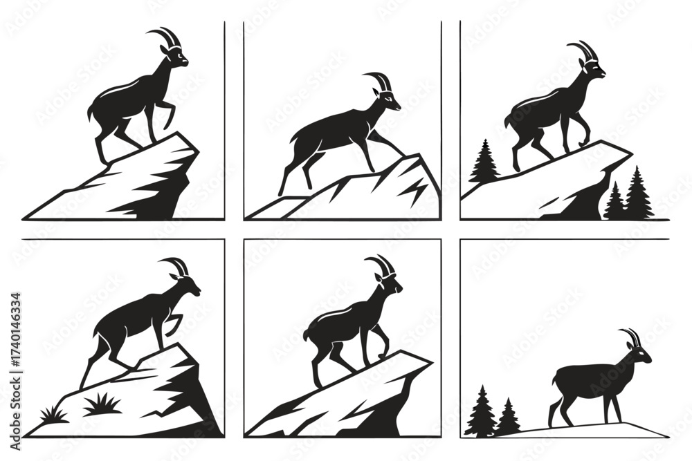 Fototapeta premium Eight minimalist chamois icons in black and color