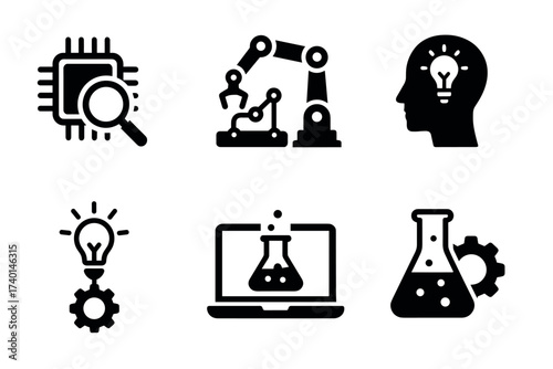 Science and technology icon set. Vector black symbols of research, innovation, and robotics