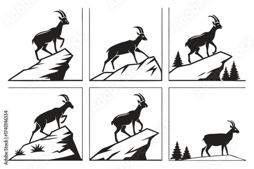 Eight minimalist chamois icons in black and color