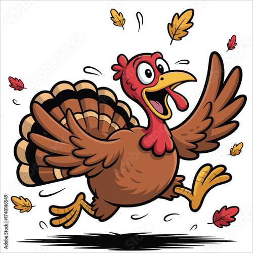Joyful cartoon turkey running with autumn leaves festive thanksgiving celebration