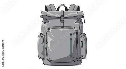 Detailed vector illustration of a modern grey backpack with a secure roll-top closure, ideal for outdoor adventures, travel, and daily urban use
