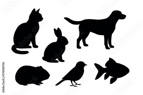 Pet Silhouettes Icon Set. Vector black animal symbols of cat, dog, rabbit, bird, fish, and guinea pig illustrations