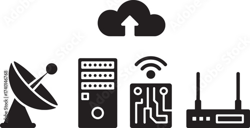 Black icons of satellite dish computer server circuit board and wifi router cloud