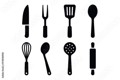 Kitchen utensil and cooking tool icon set. Vector black silhouettes of chef equipment