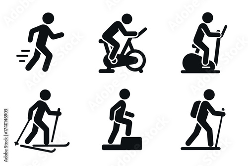 Cardio and Aerobic Icon Set. Vector black fitness symbols of running, cycling, treadmill, elliptical, hiking, and endurance training glyph illustrations