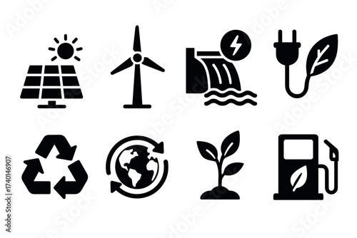 Renewable energy icon set. Vector black symbols of solar, wind, and eco power glyph illustrations