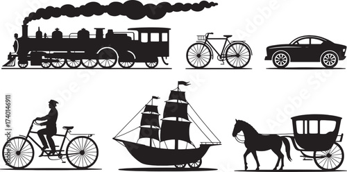 Black silhouette collection of historical and modern transportation modes steam train bicycle