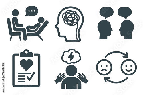 Psychology therapy icon set. Vector black symbols of counseling and mental health glyph illustrations