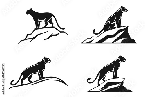 Minimalist cougar on rock icon set