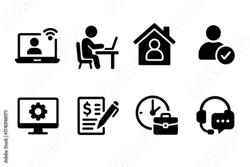 Remote Work and Freelancing Icon Set. Vector black symbols of home office, productivity, and digital career glyph illustrations
