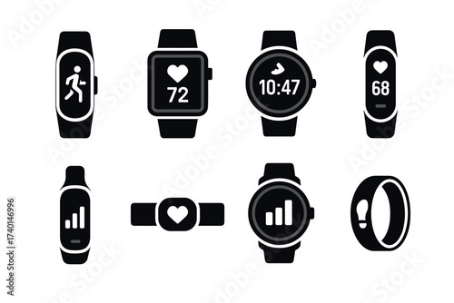 Smartwatch icon set. Vector black symbols of fitness tracker and wearable tech glyph illustrations