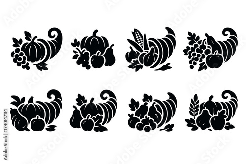 Cornucopia icon set. Vector black symbols of harvest, fruits, and thanksgiving glyph illustrations
