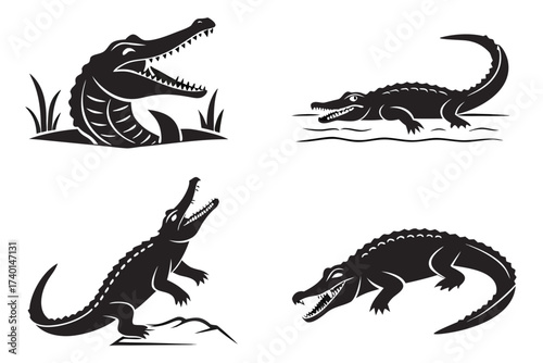 Minimalist crocodile icon set in black and yellow