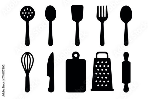 Kitchen utensils icon set. Vector black symbols of cooking tools glyph illustrations