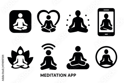 Meditation app icon set. Vector black symbols of yoga and mindfulness glyph illustrations