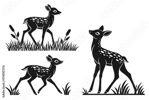 Cute fawn standing minimalist icon set